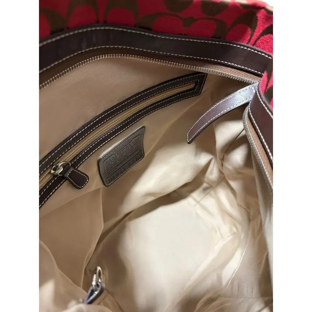 Coach 6083 Signature C Hobo Shoulder Bag Red Brown Canvas Leather Trim G15-608